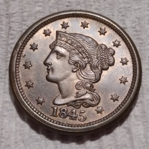 SuperChoice Unc. 1845 Large Cent Full Cartwheel Luster Small Exploded Lamination