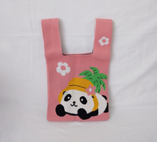 Pink Panda Knitted Tote Wrist Bag Cute Soft Flower Mini Handbag Beach Hawaiian