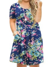 Plus Size Short Sleeve Dress Casual Pleated Swing Dresses with Pockets 1xl