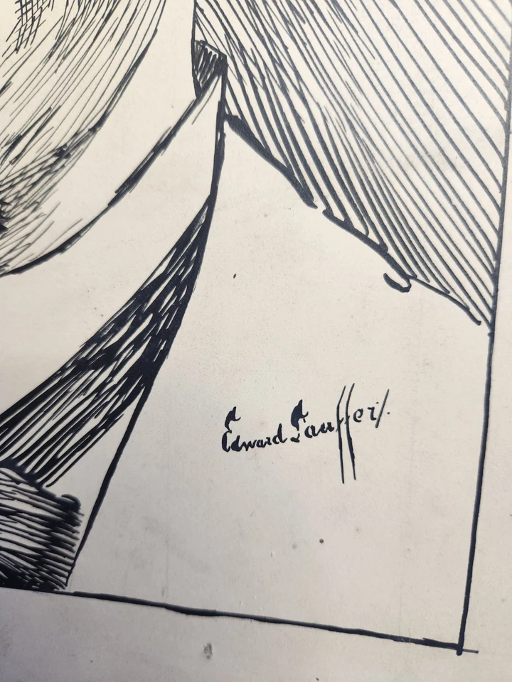 Antiguo dibujo de retrato a pluma y tinta firmado por artista de principios de siglo  Foto 3 de 4