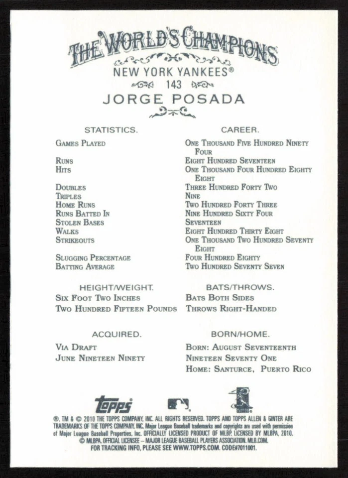 2010 Topps Allen & Ginter Jorge Posada #143 New York Yankees - Image 2 of 2