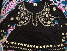 Meadow rue Black/Ivory Floral Embroidered V-Neck Maxi Long Sleeve Dress S