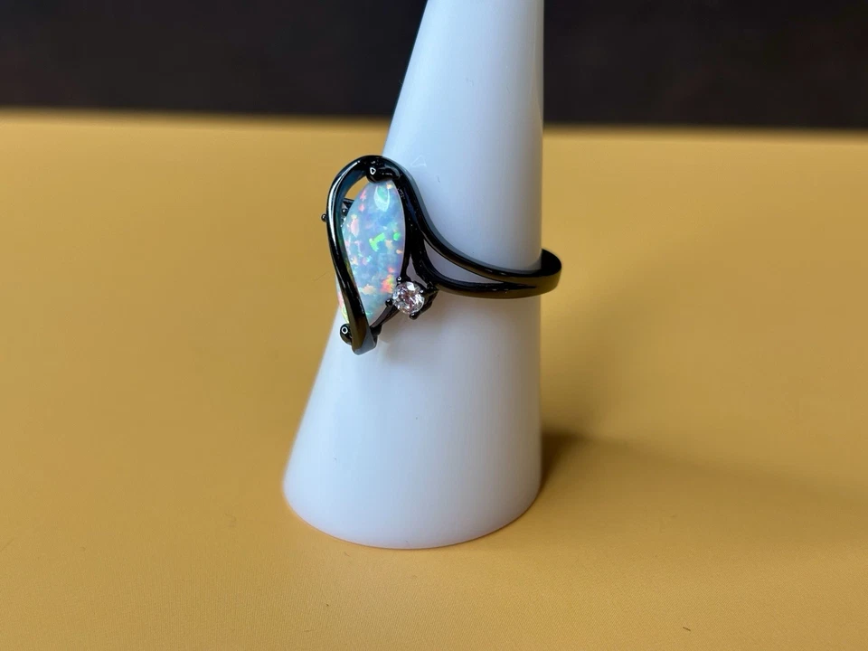 Worn Once. Black Twist White Fire Opal with White CZ Ring Size 7 - Image 2 of 2