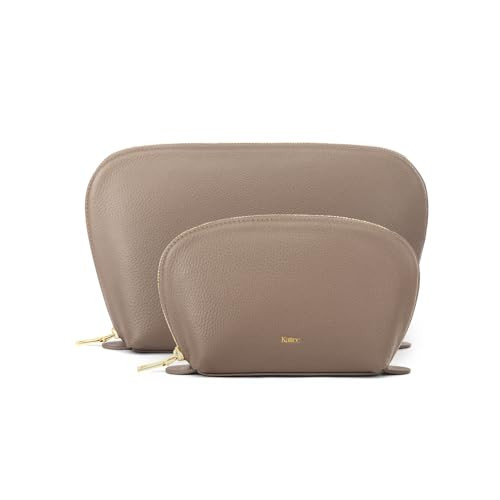 Leather Cosmetic Bag Set - 2-Piece Travel Makeup Organizer in Khaki, Medium & Large Sizes