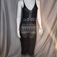 Bodycon Med black crochet knit fringe cover up beach boho dress