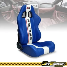 Universal Reclinable Racing Seat Right Dual Slider Blue PU Leather White Stripe