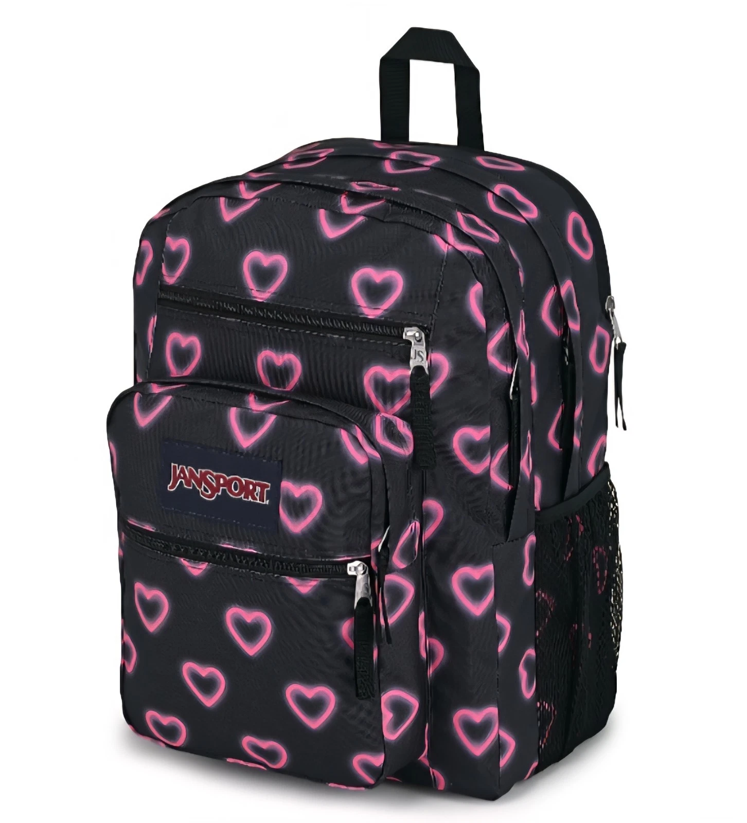 JanSport Big Student Backpack Happy Hearts Black Pink Outer Pockets Zip