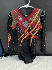 Girls Gymnastics Leotard Rhinestone Long Sleeve Black Red Orange Mesh