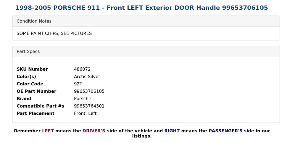 Porsche 911 1998-2005 - Manija de puerta exterior delantera izquierda 99653706105 Foto 4 de 4