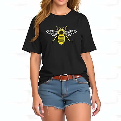 Stylish Black Cotton Short Sleeve T-Shirt with Vibrant Yellow Bee