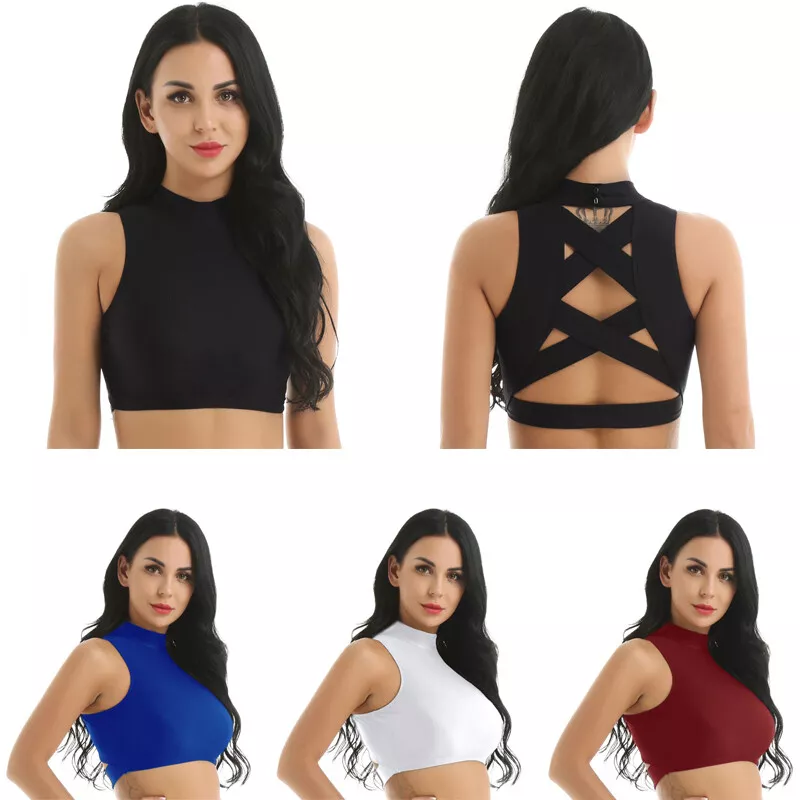 Women's Sleeveless Mock Neck Criss Cross Back Yoga Workout Sports Bra Crop  Tops