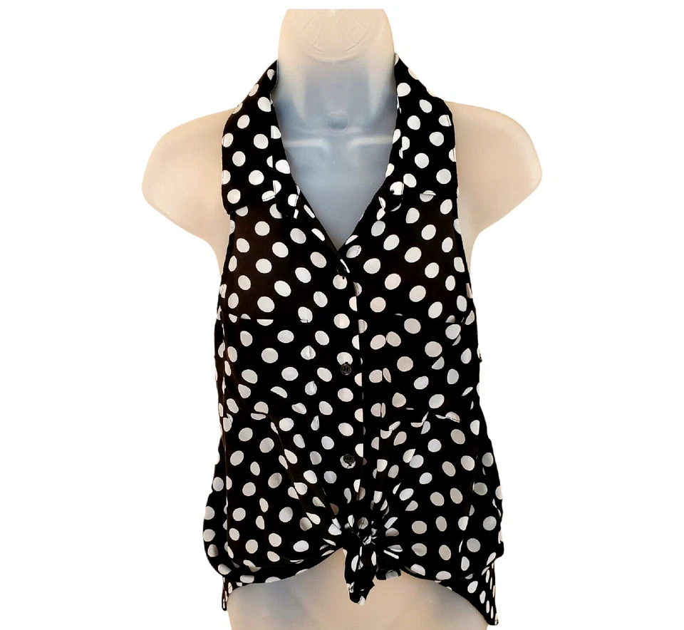Blusa Victoria Secret de seda sin mangas pequeña negra blanca lunares nudo atado frontal Foto 2 de 4