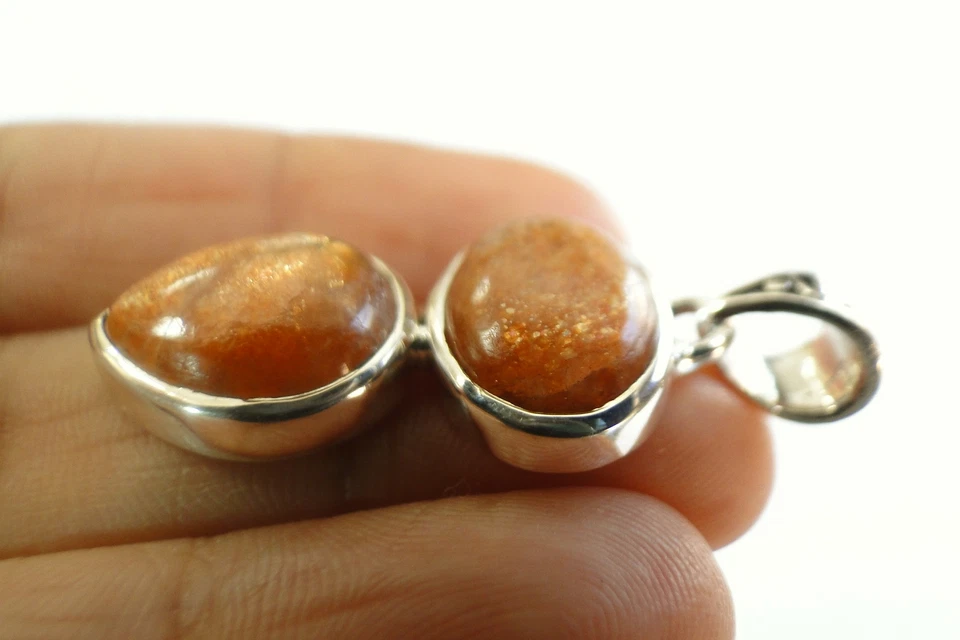 Natural Orange Sunstone Crystal Two Stone 925 Sterling Silver Pendant - Image 3 of 4