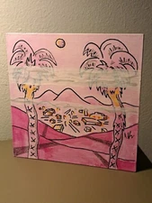 Pink abstract landscape acrylic of small town on 8x8 canvas 1/1 Limited Signed