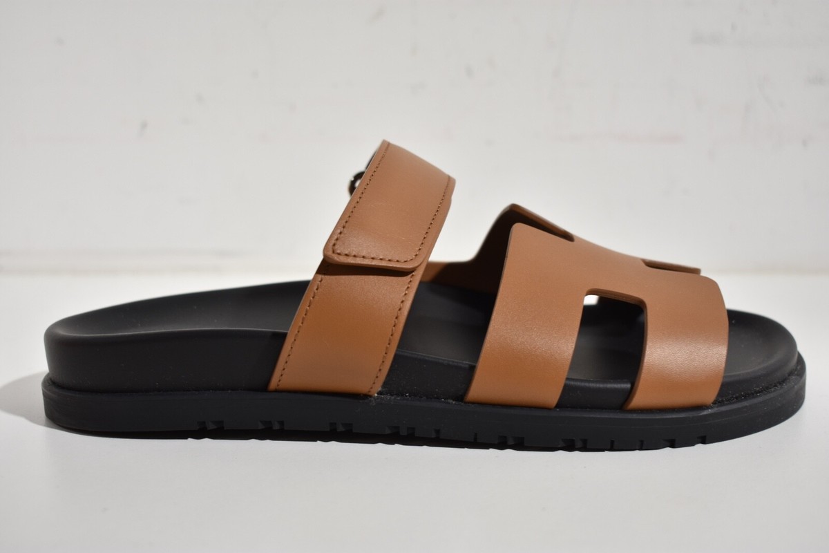 Hermes Chypre Sandal Natural Brown Leather Black Strap Slide Slip