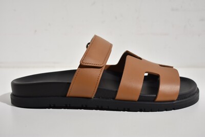 Hermes Chypre Sandal Natural Brown Leather Black Strap Slide  display picture 3