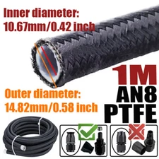 3.28FT AN8 8AN ID:0.42" Nylon Stainless Braided PTFE Fuel Line Oil Gas Hose E85
