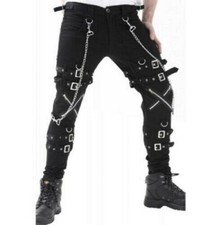 Gothic BONDAGE ROCK Black Punk Buckle Zips Chain Strap Trousers EMO/TRIPP PANTS