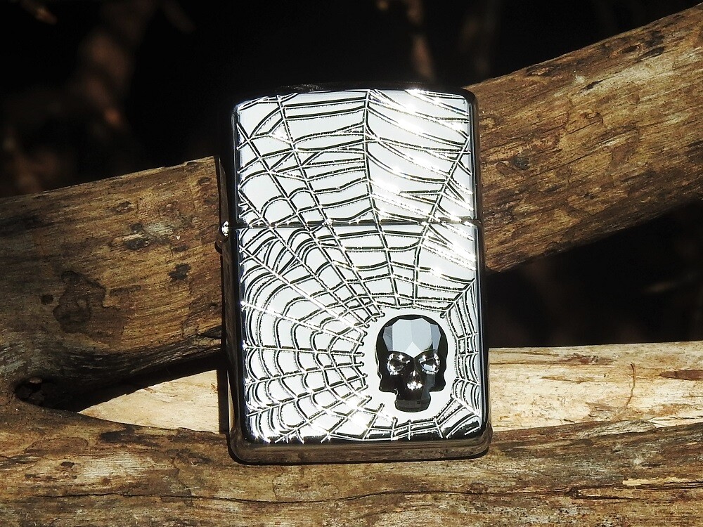 Zippo Lighter - Spider Web Skull - Deep Carved Armor Case