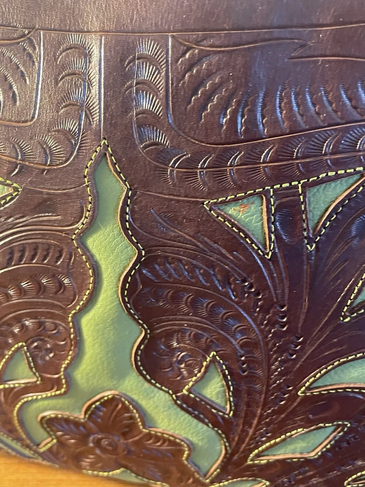 Leaders In Leather Handbag Western Tooled Floral Design Brown Green - Image 2 of 4