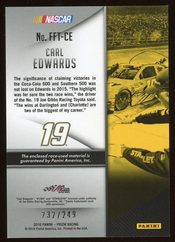 2016 Panini Prizm Nascar: Firesuit Fabrics Carl Edwards /249 - Image 2 of 2