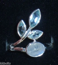 925 Sterling Silver Moonstone Blue Topaz Leaf Bypass Ring - Select size