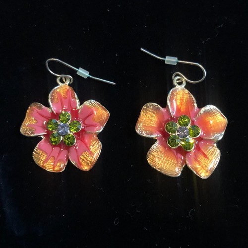 Bold Pink Floral Dangle Earrings Enamel Petals, Green Rhinestone Center Vintage