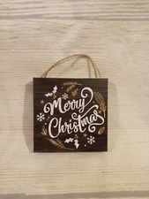 New! "Merry Christmas" Wood Box Sign 5.5” Tree Ornament Snowflakes Glitter 