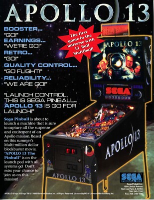 Apollo 13 Sega Pinball Flyer Mint / Brochure / Ad