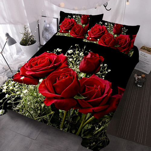 3tlg Rosen Bettwäsche Set Grün und Rot Blumen Bettwäsche Set mit 2 Kissenbezügen