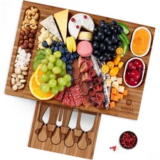 Bamboo Charcuterie Boards - Cheese Board Set with 2 Sauce Bowls, 4 Knives - U...