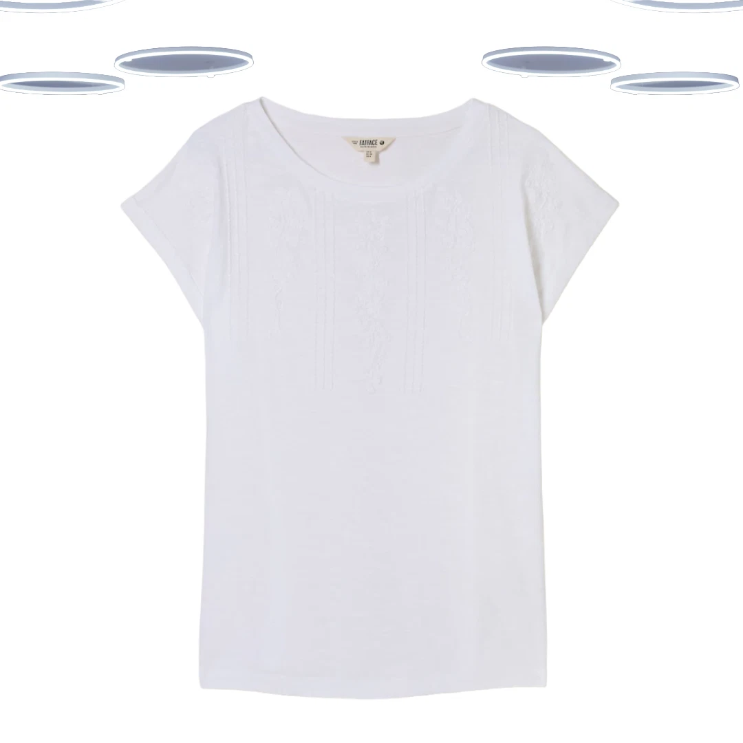 Ex Fat Face Women's T-Shirt - Embroidered Short Sleeve White