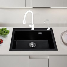 JASSFERRY Black Composite Quartz Kitchen Sink Inset Single Deep Bowl 612x508mm