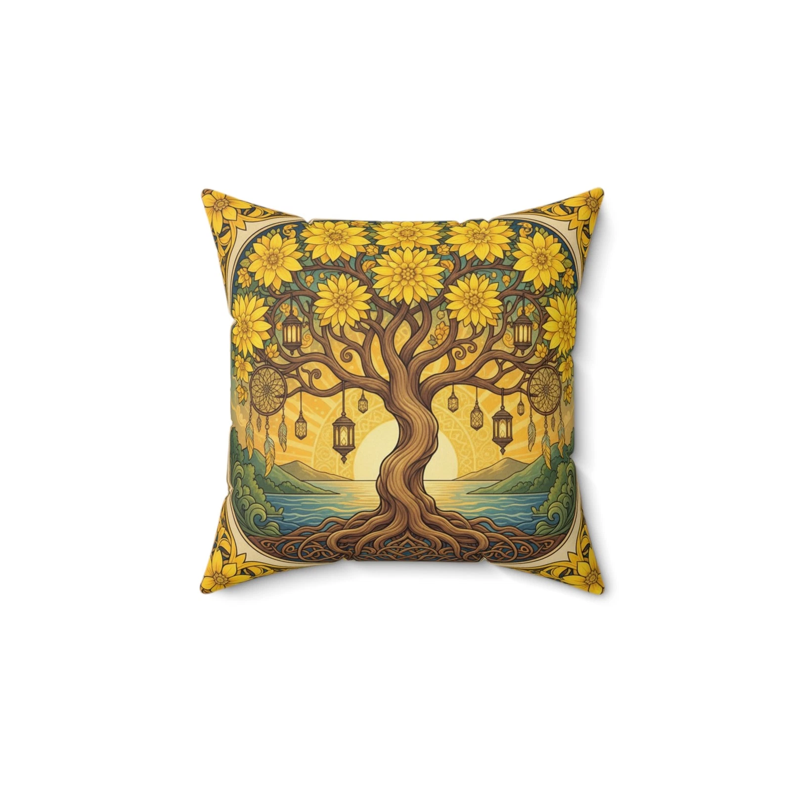 Sunflower Tree Pillow | Decorative Square Pillow, Boho Nature Throw