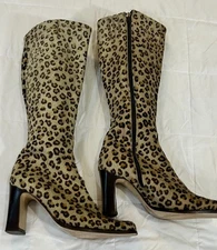 Charles David by Nathalie M. Leopard Calf Hair block heel Knee Boots sz 5 
