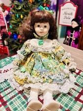 Beautiful Vintage 16” Porcelain Doll ~ Brown Eyes and Curly Brunette Hair