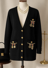 Vintage Maximalist Black Cardigan Gold Buttons Statement Military Crest Sz M