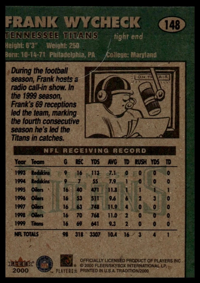 2000 Fleer Tradition #148 Frank Wycheck - Image 2 of 2