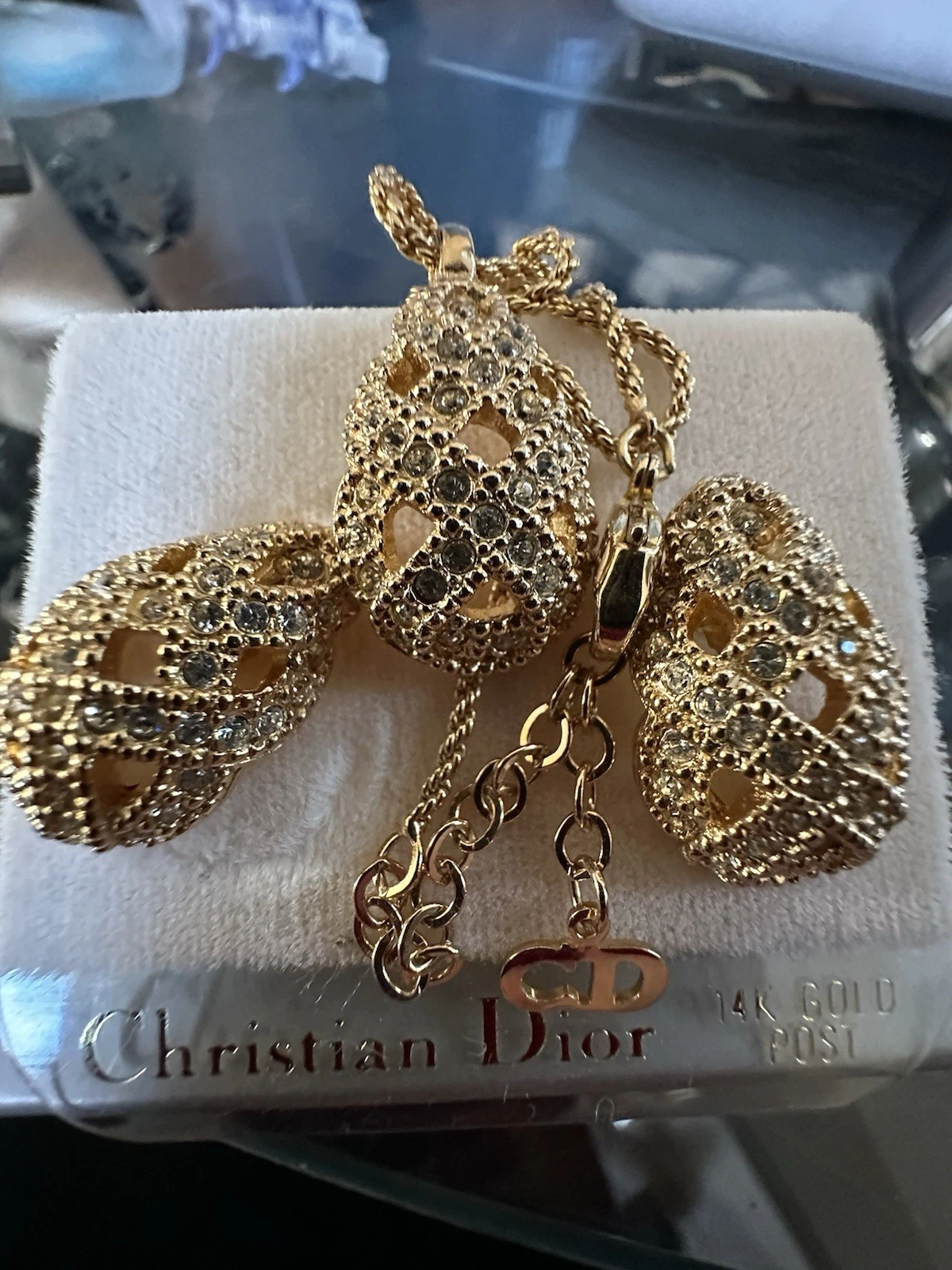 Set collana e orecchini Christian Dior oro 14k tessuto pera goccia pavè cristallo
