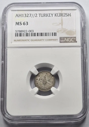 OTTOMAN TURKEY KURUS COIN 1327 2 Mehmed V 1910 NGC MS63