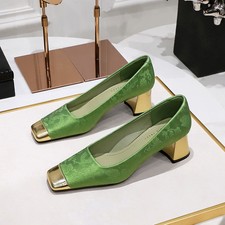 Scarpe donna sandali lusso tacco spesso punta quadrata ricamo raso decolte tg