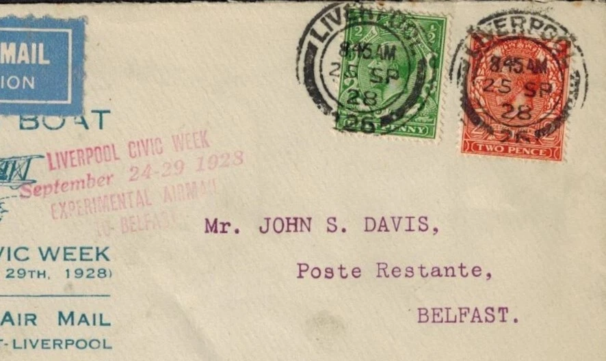 Great Britain 1928 Flying Boat Cacheted Cover w/1/2d & 2d & Belfast Backstamp - Image 2 of 3