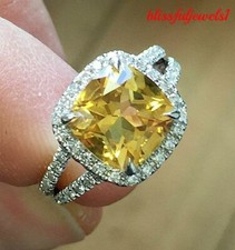 3CT Cushion Cut Real Citrine Split Shank Halo Engagement Ring 14K White Gold FN