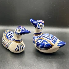 Set of 2 Tonala Pottery Hand Painted Duck Made in Mexico Floral Blue Pair