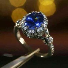 Engagement Halo Ring 3CT Oval Lab-Created Blue Sapphire 14K White Gold Plated