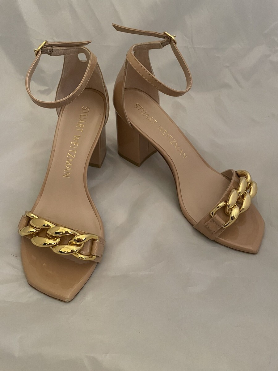 Stuart Weitzman Sandals Amelina Golden Chain Block Heel Sandals