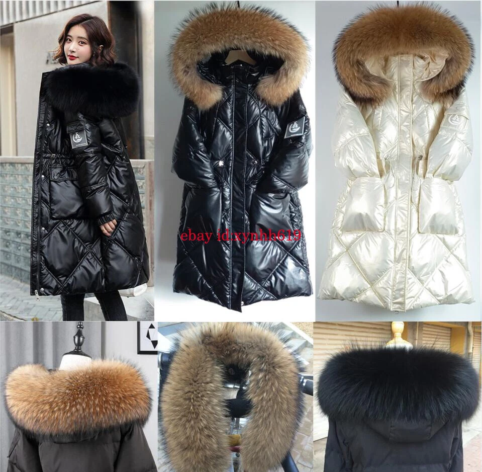 New Womens Winter Coats Jacket Hooded Glossy 100 Real Fur Collar Outwear Parka