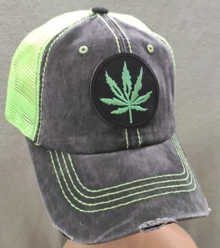 Cannabis Trucker Hat Distressed Ball Cap Neon Green Pot Leaf Hat Marijuana Hat