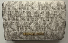 Michael Kors Ivory/Brown Logo Bifold Wallet Snap w/ ID Photo Holder Card Slots
