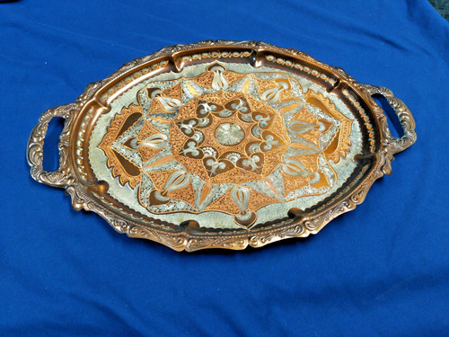 Vintage Hand-Carved Turkish Copper Ottoman Serving Tray - Detailed Metal Work